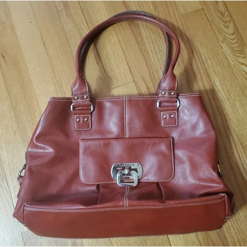 Liz Claiborne Large Leather Handbag Red Shoulder Purse Bag‎ Satchel 5 Pockets